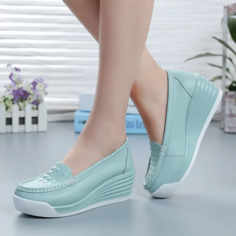 GKTINOO New Women's Genuine Leather Sneakers Platform Shoes Wedges White Lady Casual Shoes Swing mother Shoes Size 34-40