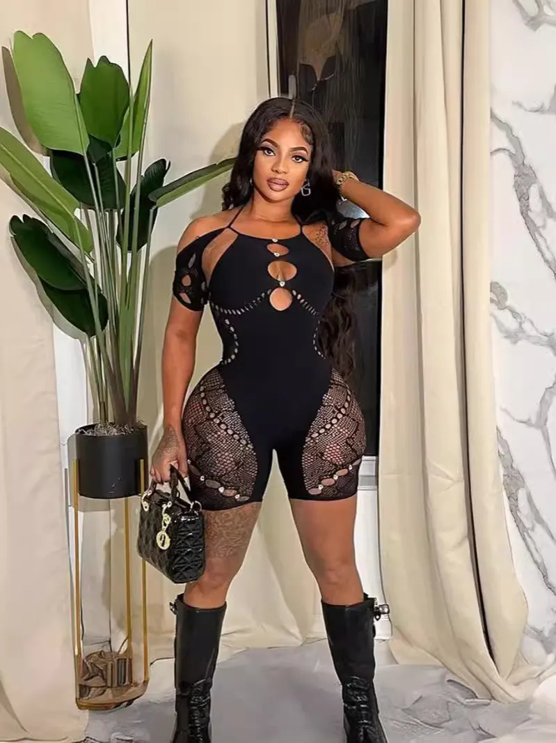 Brownm Brownm Female Solid Color Round Collar Hollow Short Sleeve Lace Sexy Body Knit Short Sleeve Jumpsuit