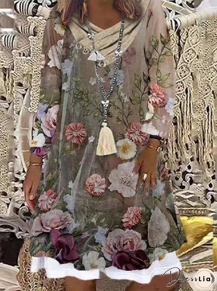 Pile Collar Printed Long Sleeve Dress