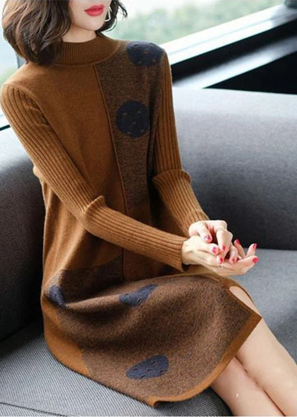 Fashion Coffee High Neck Asymmetrical Design Knit Sweater Dress Long Sleeve