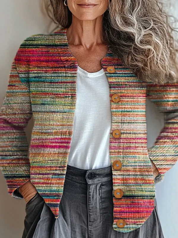 Vintage Striped  Art Print Buttoned Cardigan Sweater