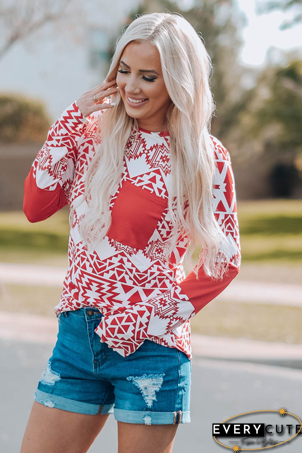 Red Aztec Print Splicing Pocket Long Sleeve Top