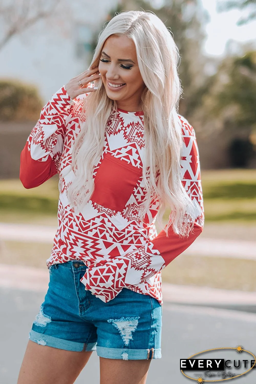 Red Aztec Print Splicing Pocket Long Sleeve Top
