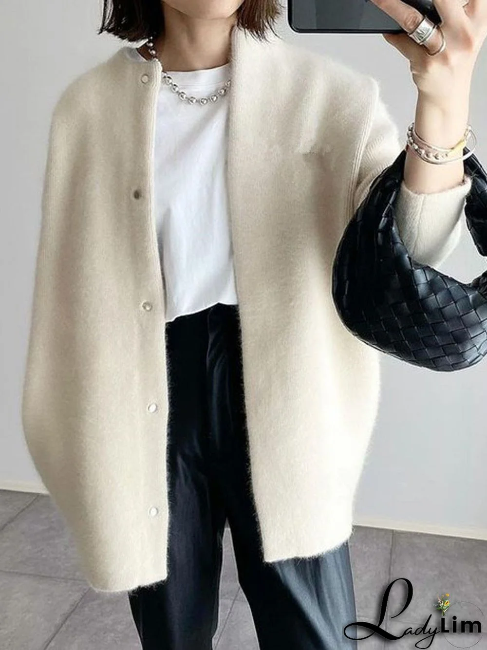 Women's Knitted Solid Color V-neck Long Sleeve Coat