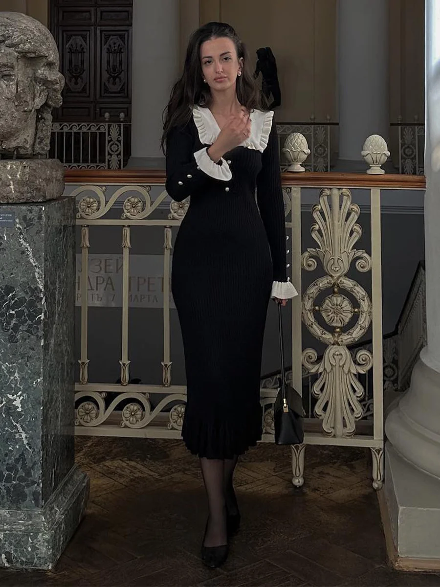 Uveng Uveng Dress Knitted Dress Autumn And Winter New Sweater Dress 2023 Vintage Lady French Dress