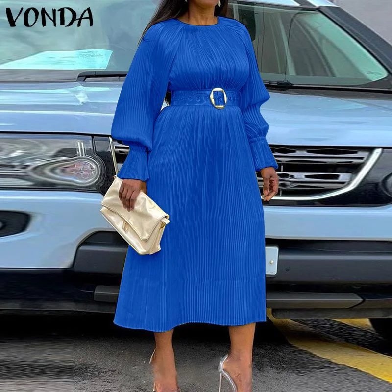 Women Solid Dress VONDA Women Long Sleeve O Neck Party Dresses High Waist Pleated Robes Loose Office Formal A-Lined Vestidos