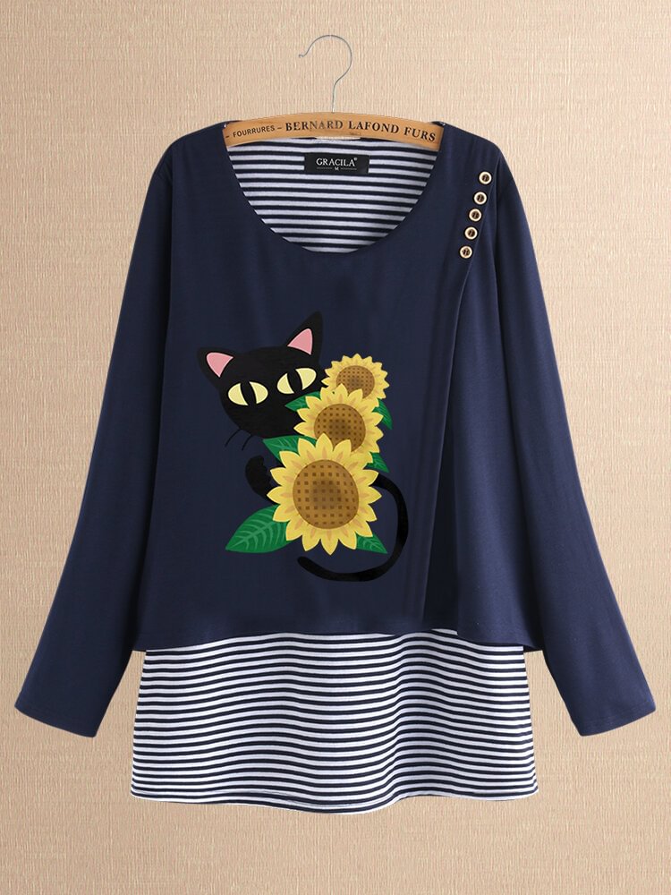 Casual Print Cats Flower Patch Striped Fake Two piece Blouse P1590073