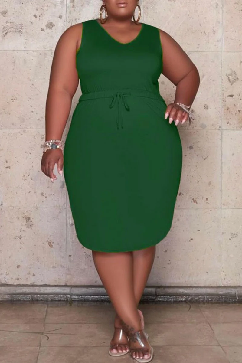 Green Casual Solid Bandage Draw String Spaghetti Strap Straight Plus Size Dresses