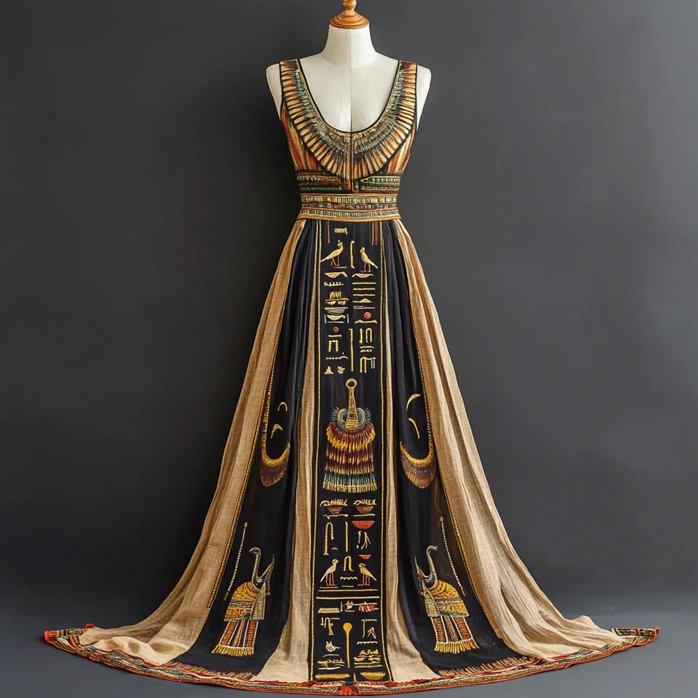 Ancient Egyptian Mythological Elements Women's Linen Vest Large Hem Maxi Dress