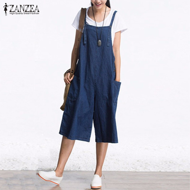 Womens Jumpsuits 2024 ZANZEA Summer Pants Wide Leg Overalls Denim Blue Dungarees Rompers Sleeveless Adjustable Strap Turnip