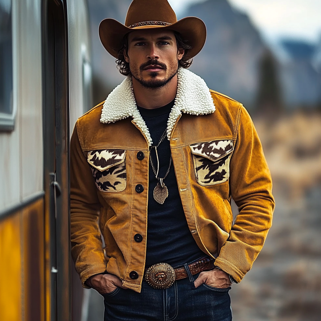 Men's Vintage Western Cowboy Printed Sherpa Jacket-inspireuse