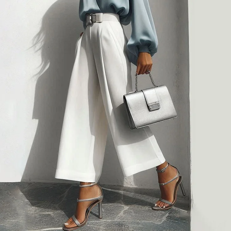 Formal Solid Slant Pocket Wide Leg Crop Pants