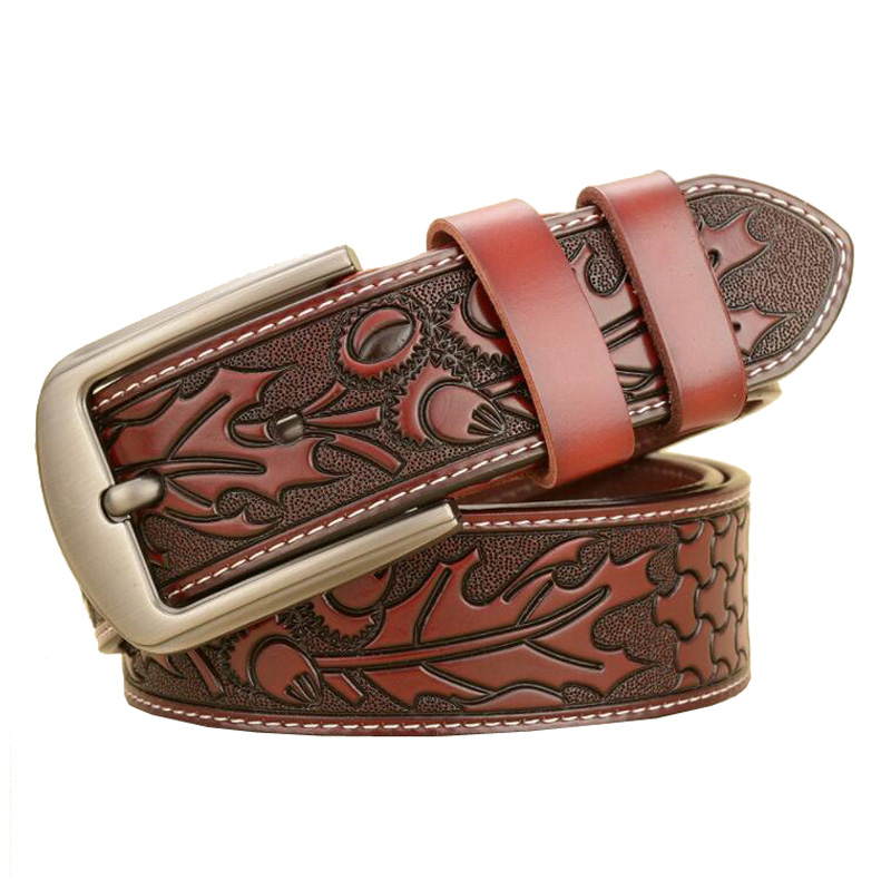 Western Leaves Embossed Leather Men Belt Fashion Jeans Pants Black Cofee Men Belt