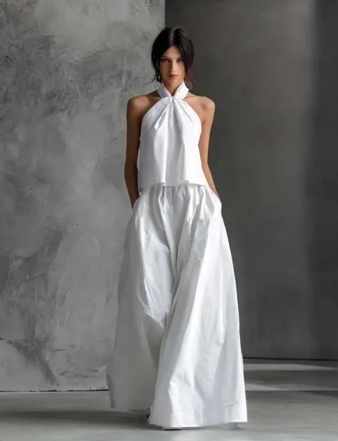 Women's Casual White Cotton And Linen Halter-neck Sleeveless Top And Skirt Set SV1269A6AN