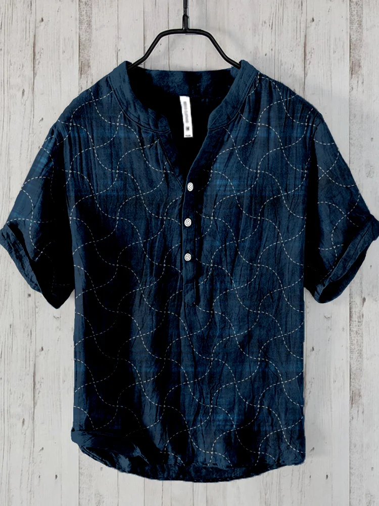Comstylish Japanese Sashiko Geometric Art Linen Blend Shirt