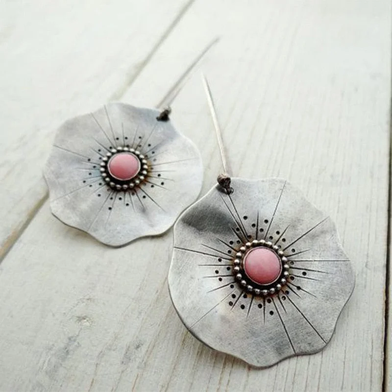 Elegant Tribal Lotus Leaf Flower Floral Drop Earrings Women 2022 Ethnic Vintage Metal Pink Beads Stone Wedding Dangle Earrings