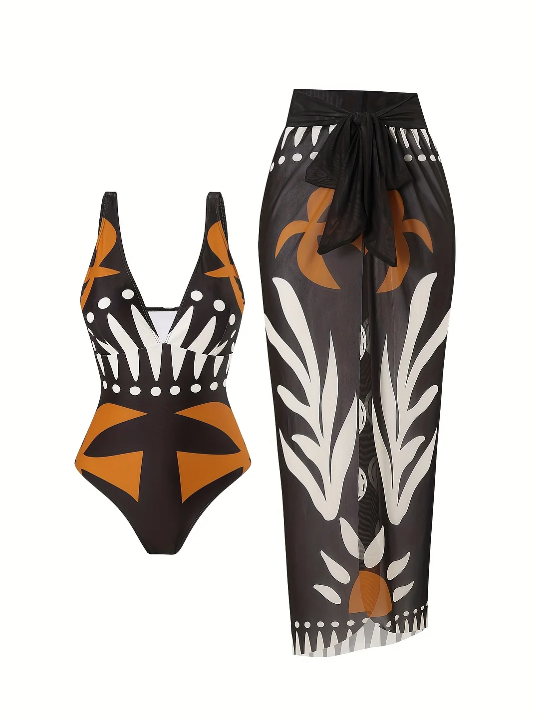 Two-Piece Set Featuring A Printed Swimsuit With A Sheer Skirt | IFYHOME