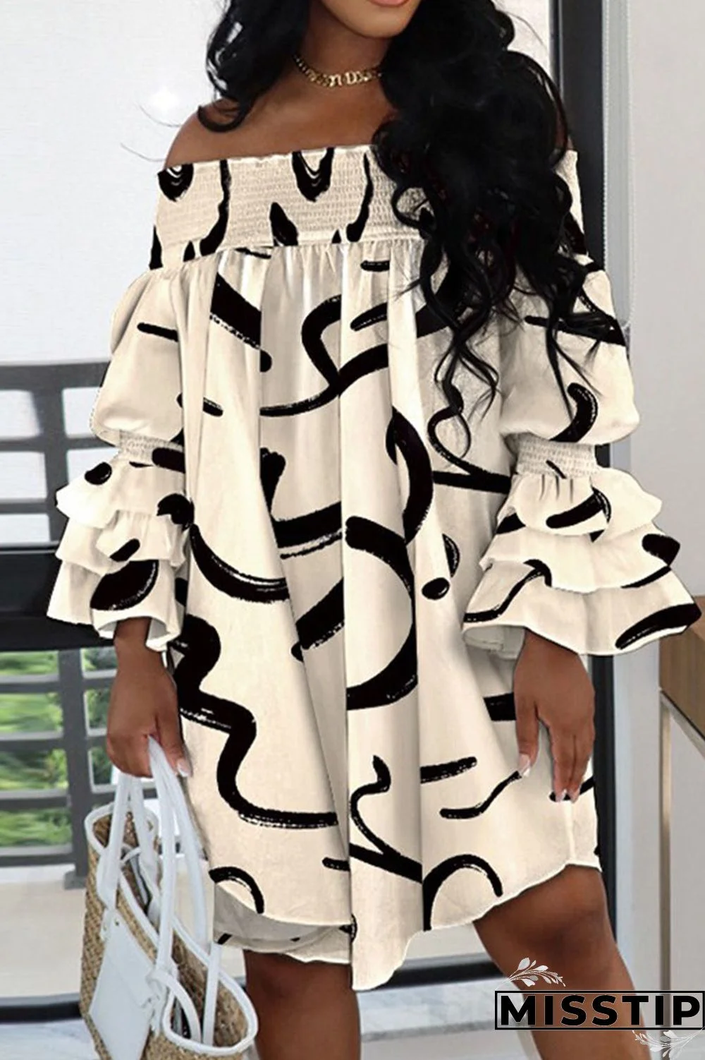 Apricot Casual Street Print Patchwork Fold Asymmetrical Off the Shoulder Irregular Dress Dresses