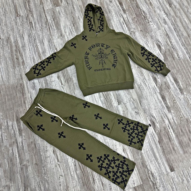 Personalized Cross Print Hip Hop Hoodie & Flared Trousers Two Piece Set