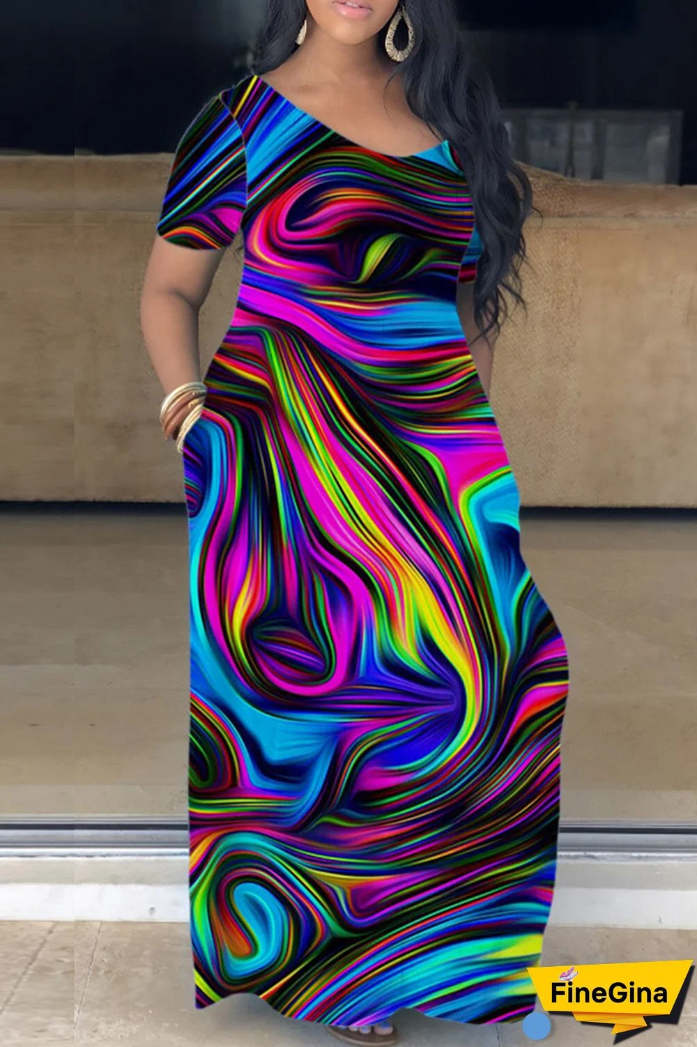 Purplish Blue Casual Print Basic V Neck Short Sleeve Dress