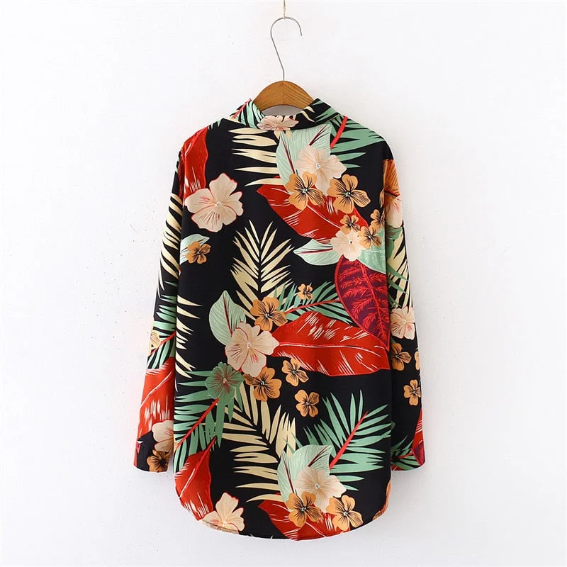 2020 Summer New Women Plantain Leaf Floral Print Chiffon Blouse Autumn Long Sleeve Black Shirt Vintage Loose Tops Casual Blusa