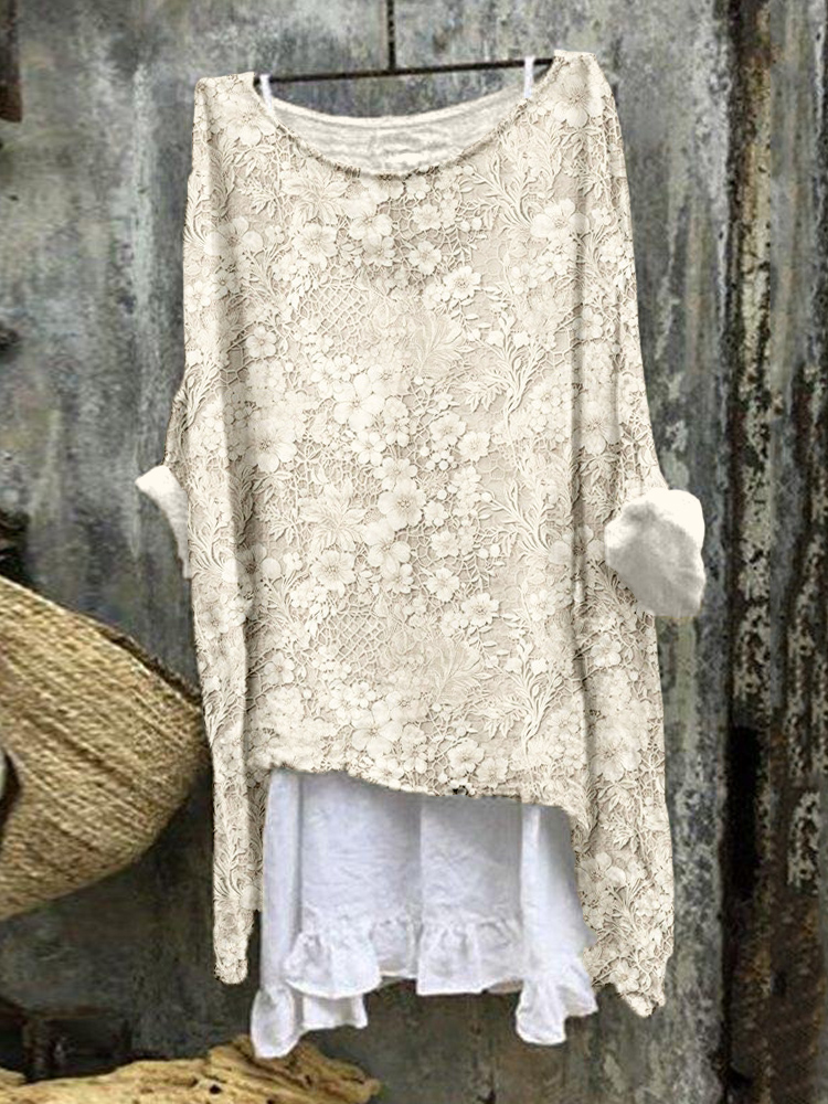 Comstylish Vintage Lace Embroidered Linen Blend Flowy Tunic