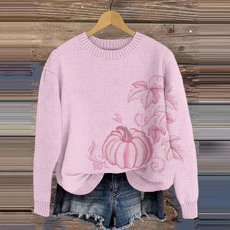 Pink Pumpkins Floral Embroidered Cozy Sweater
