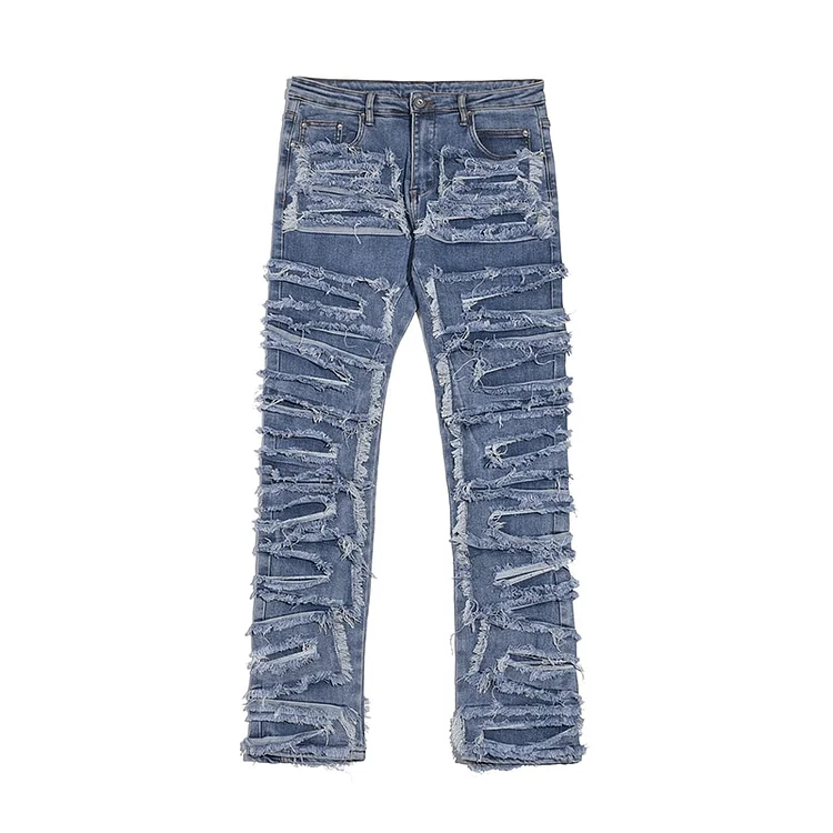 Retro Hole Ripped Distressed Straight Hip Hop Loose Jeans Stacked jeans at Hiphopee