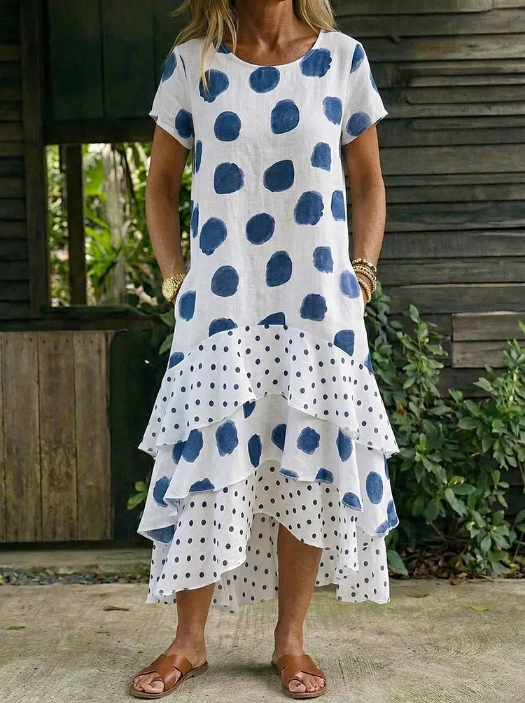Women&rsquo;s Casual Short Sleeve Round Neck Polka Dots Ruffle Cotton Maxi Dress