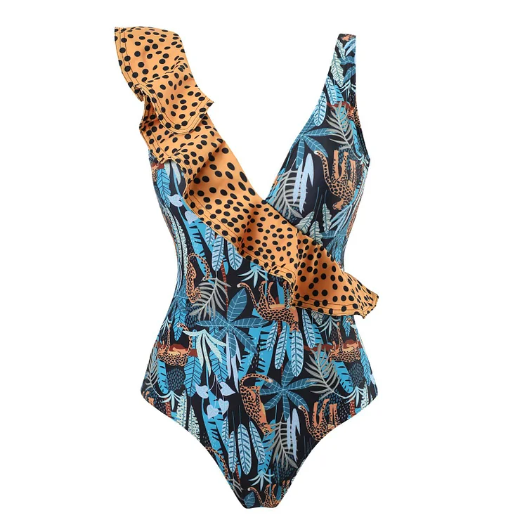 VChics Leopard Print Ruffled Sexy One Piece Swimsuit