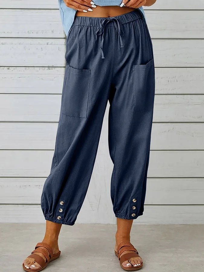 Solid Color Casual With Pocket Buttons Cotton Linen Trousers-mysite