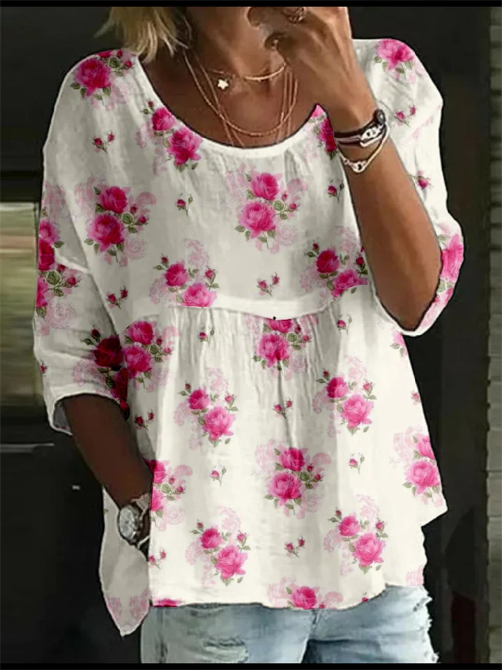 Women's T-Shirt Loose Printed Mid Sleeve Pleated Round Neck Top