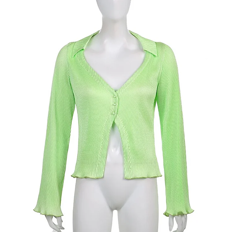 Sweetown Green Single Breasted V Neck Casual Tops & Blouses Women Button Up Flare Long Sleeve Elegant Autumn Cardigan Shirts