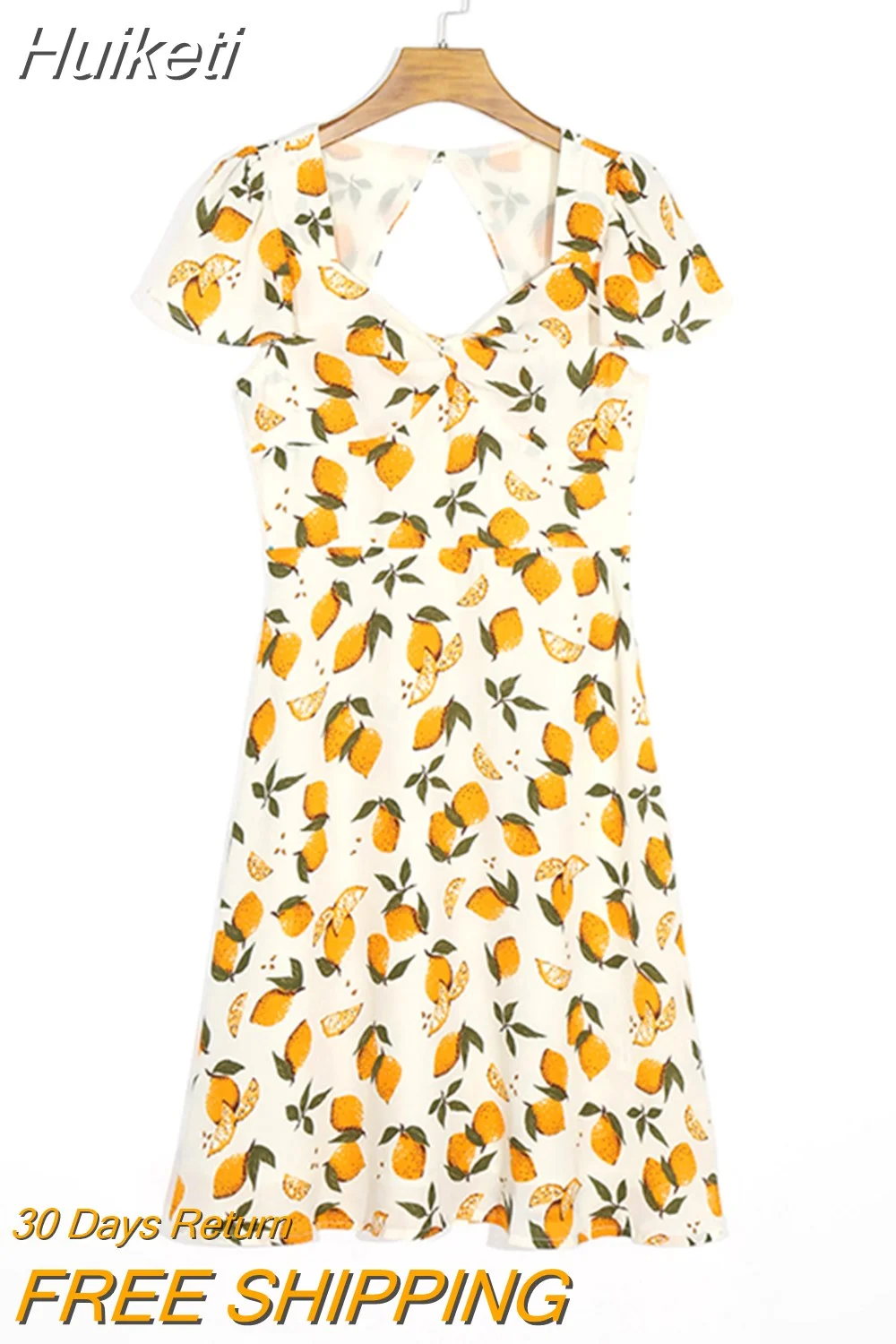 Huiketi Women Dresses Summer 2023 Flutter Sleeve Lemon Print Mini Beach Dress Sweetheart Neck Twist Back Cut Out Fit Flare Short Dress