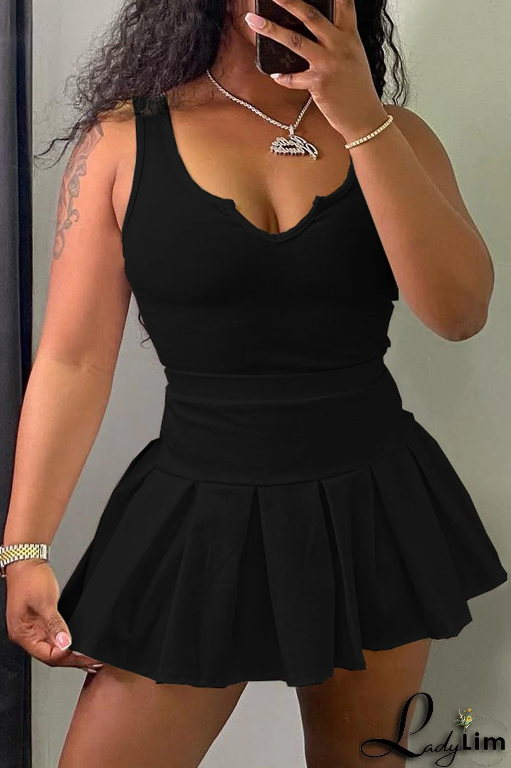 White Fashion Casual Solid Patchwork V Neck Sleeveless Two Pieces