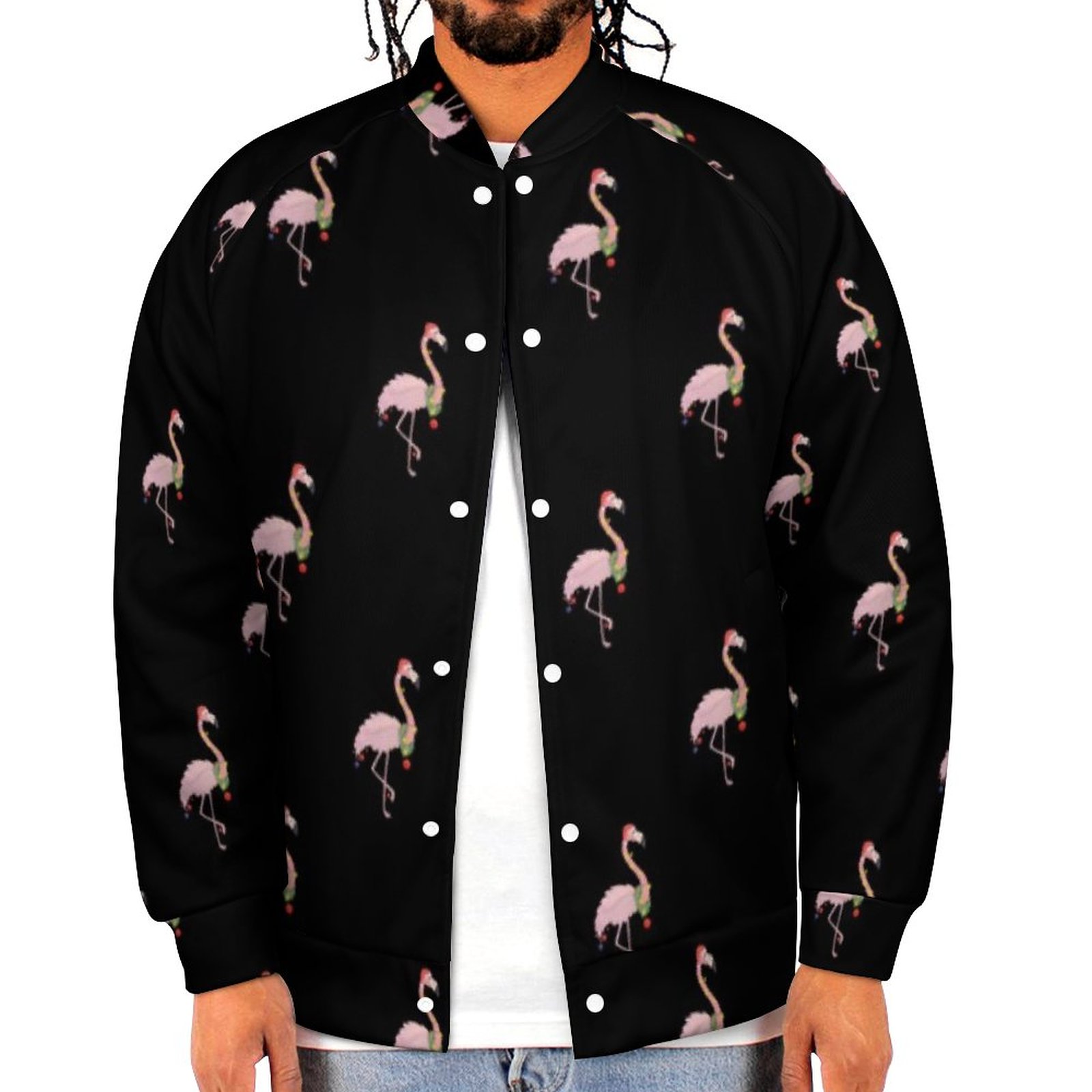 Adorable Pink Flamingo With Santa Hat Black Mens Baseball Jacket Guys Graphic Print Varsity Streetwear Coats