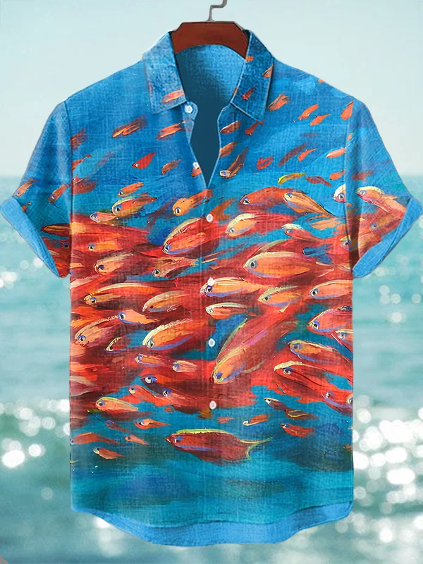 Men's Marine Art Shoal Of Fish Print Short Sleeve Shirt
