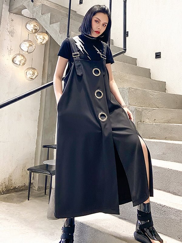 Loose Stylish Black Split-Joint A-Line Midi Dress