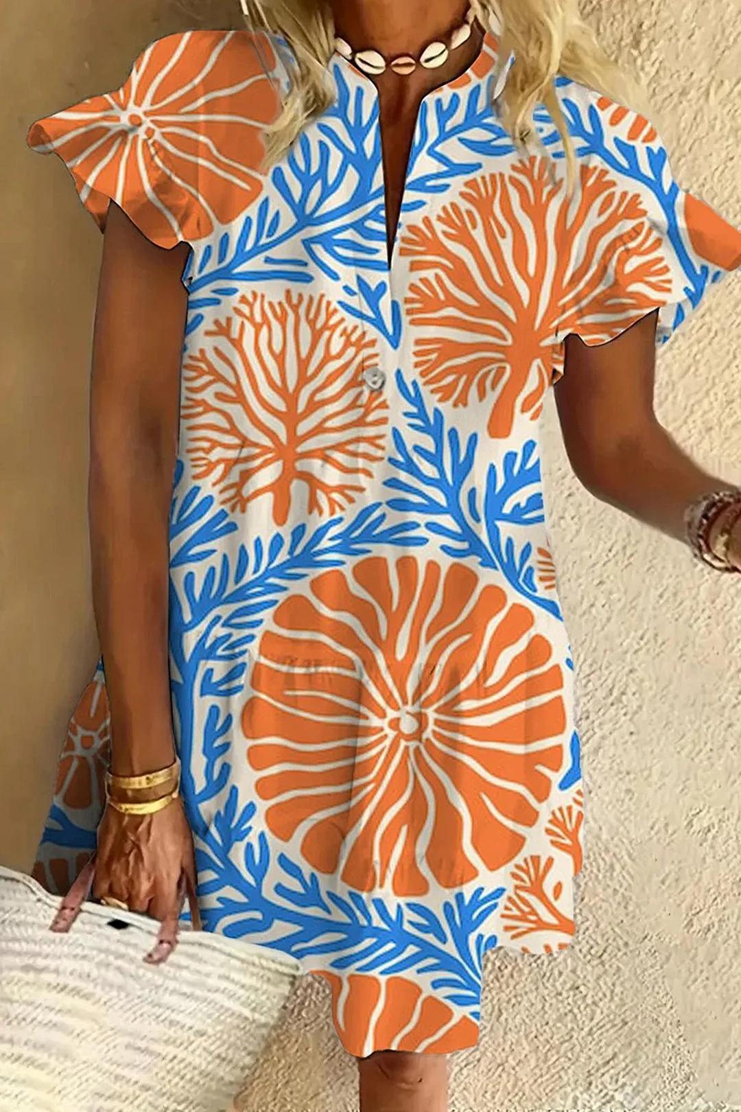 Coral Flower Ruffled Short-sleeved V-neck Buttoned Dress Vacation Beach Dress