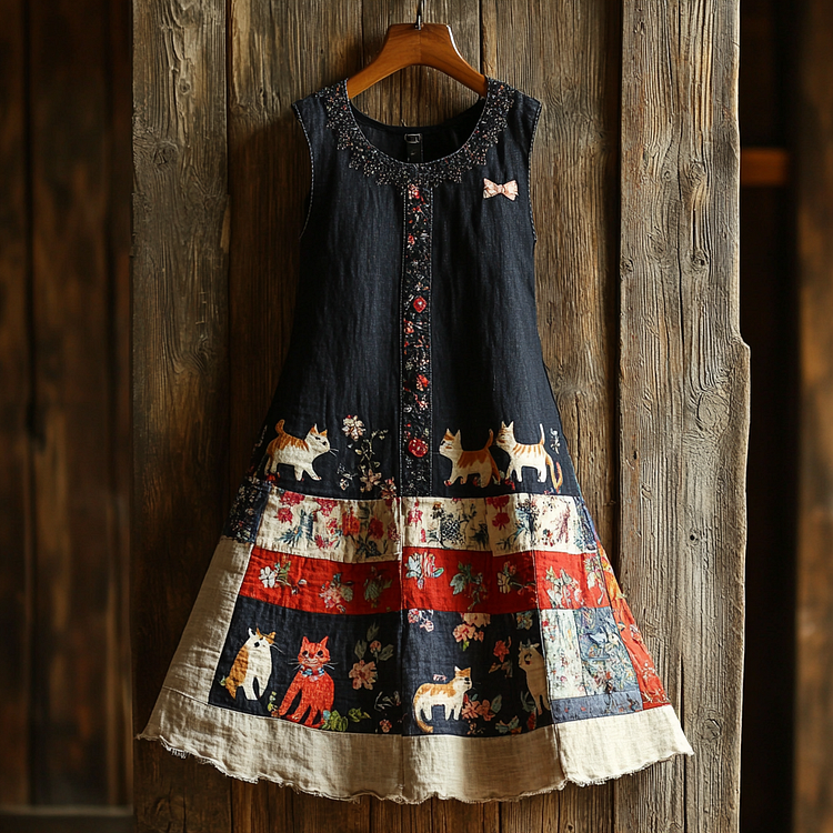 Casual Pop Art Cat Denim Splicing Cotton Linen Dress