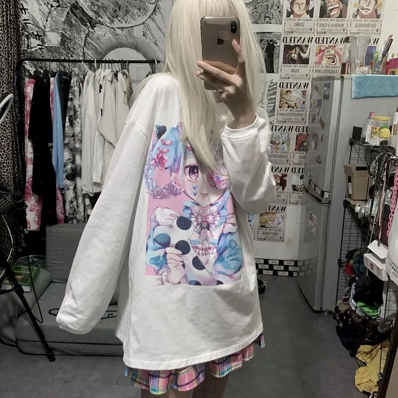 Sweet T-shirt Women Clothes Harajuku Female Harajuku Bf Wind Two-dimensional Animation Printing Loose Student White Shirt