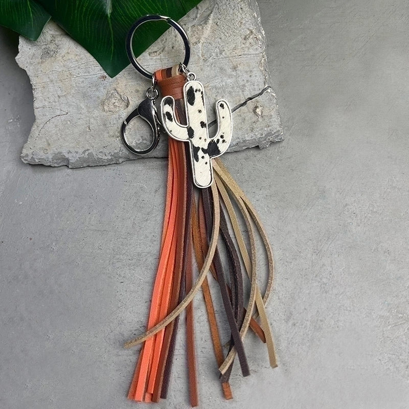Ethnic Style Cactus Alloy Leather Tassel Bag Pendant Keychain