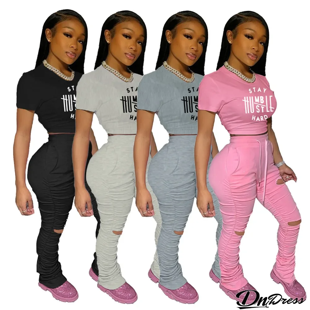 Fashion Casual Printed Ripped Pants Two-piece Set
