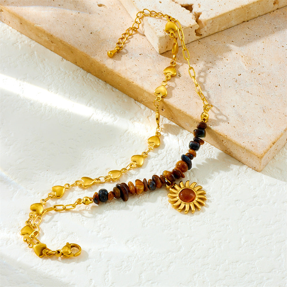 Retro Fashion Double Layered Tiger Eye Stone Beaded Love Chain Stainless Steel Sun Pendant Bracelet
