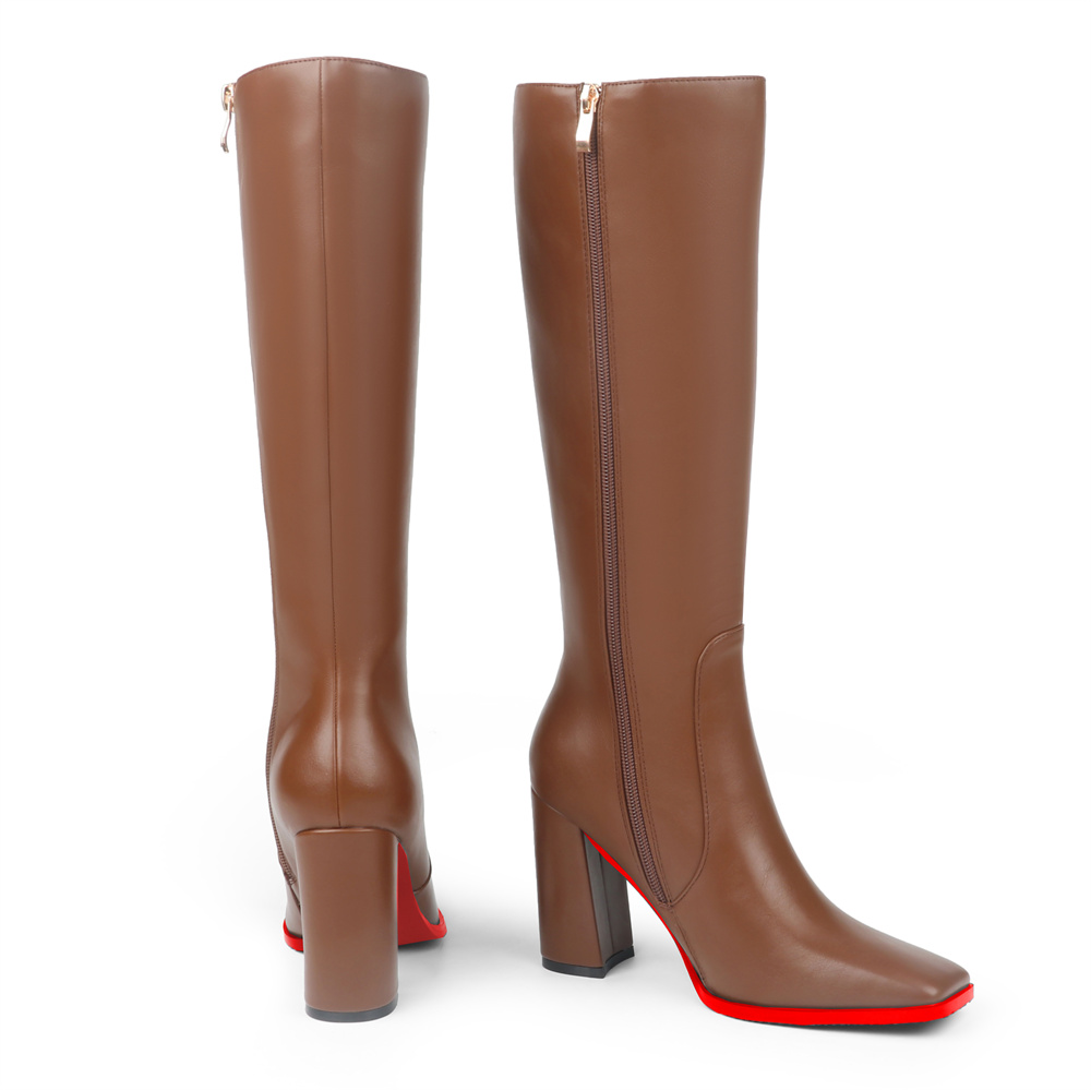 95mm Women's Knee Boots Red Bottom Block Chunky Heels Zipper Fashion Sexy Daily Matte Boot-MERUMOTE