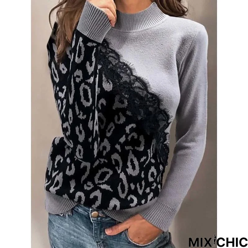 Leopard Printed Turtleneck Long Sleeve Casual Sweaters