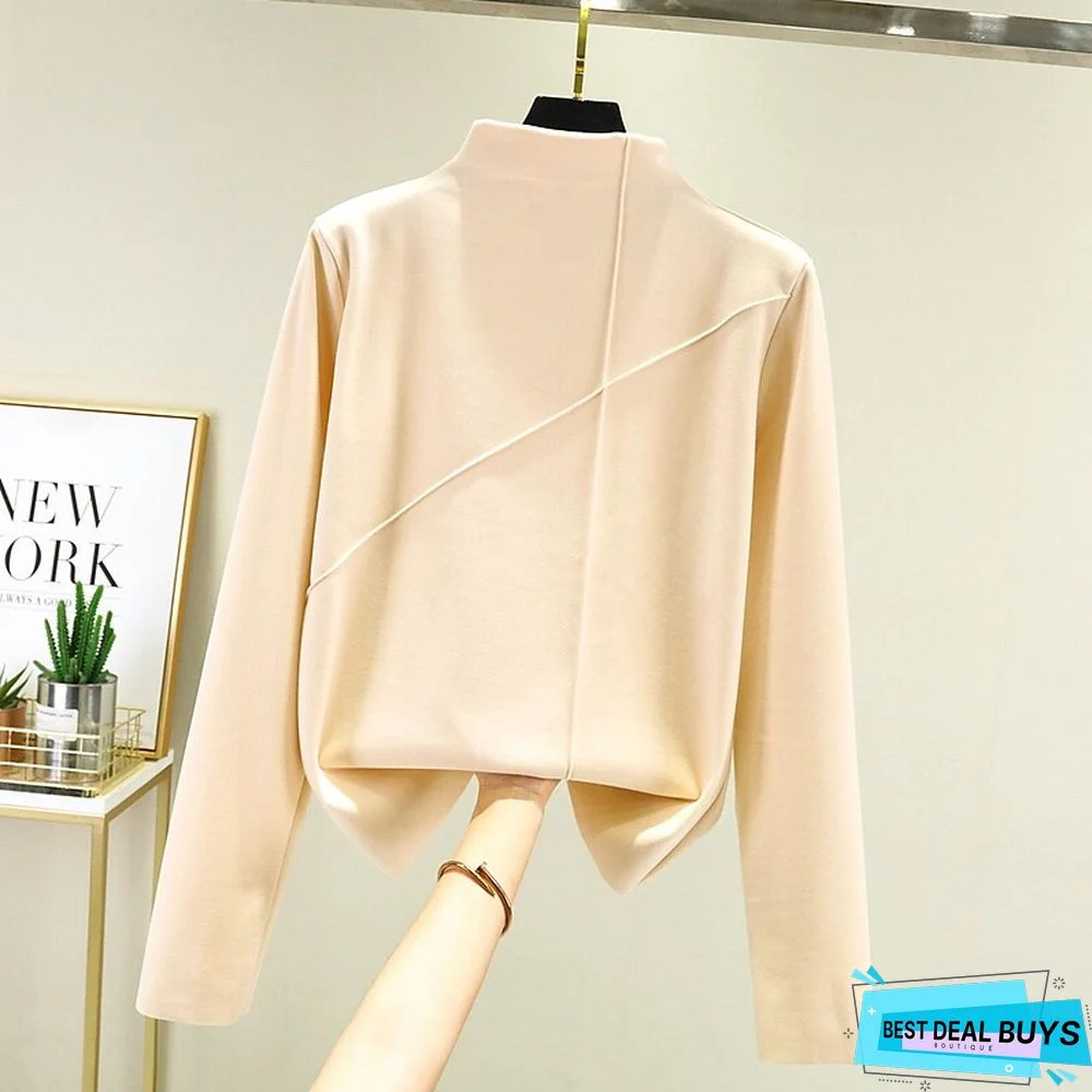 Women's T shirt Tee Light Pink dark brown A Plain Long Sleeve Daily Basic High Neck Regular Fleece lined XXL (recommended 140-160 catties)