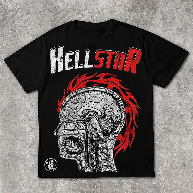 Hellstar Abstract Human Face Graphics Short Sleeve 100% Cotton Tee