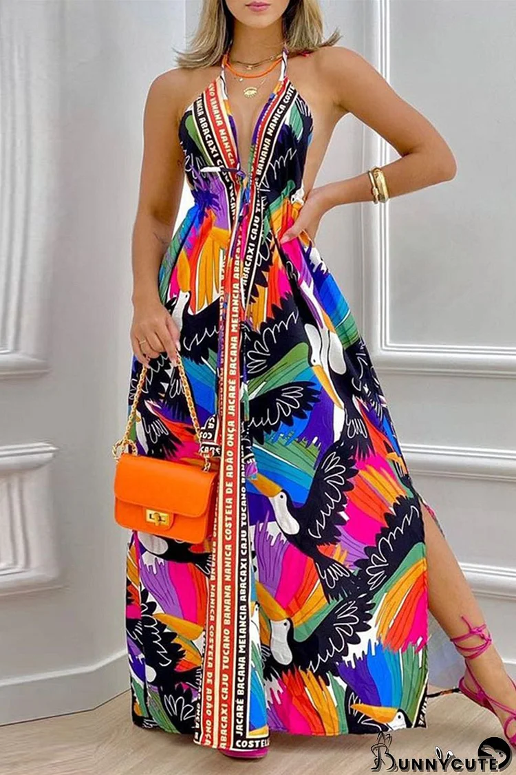 Colour Fashion Sexy Print Bandage Backless Slit Halter Sleeveless Dress Dresses