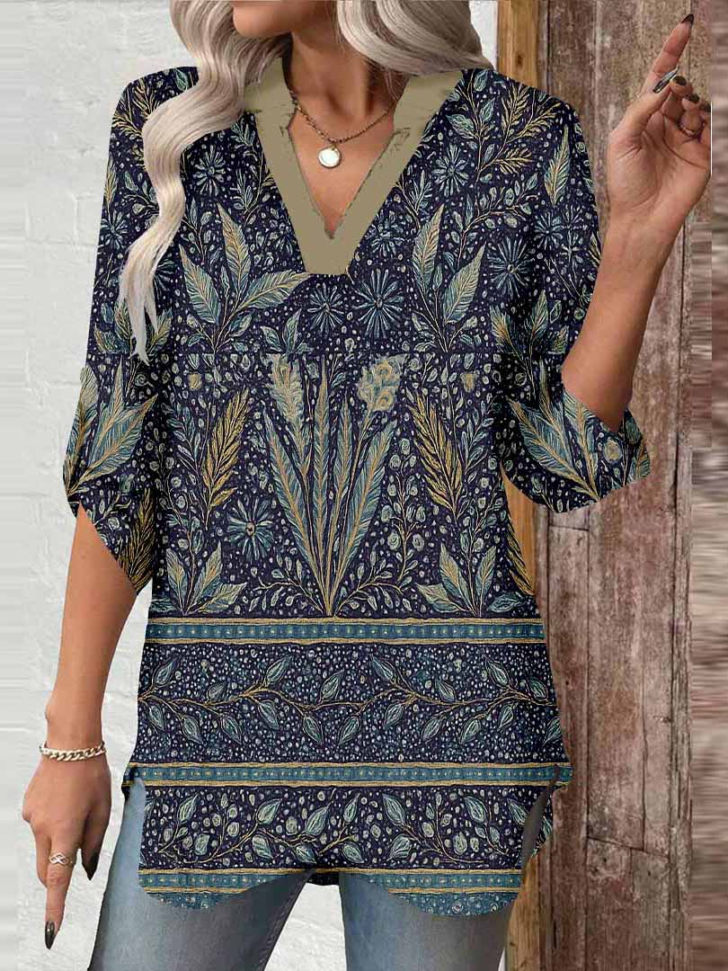 Women Retro, Black DZGA0144 3/4 Sleeve V-neck Printed Graphic Button Tops